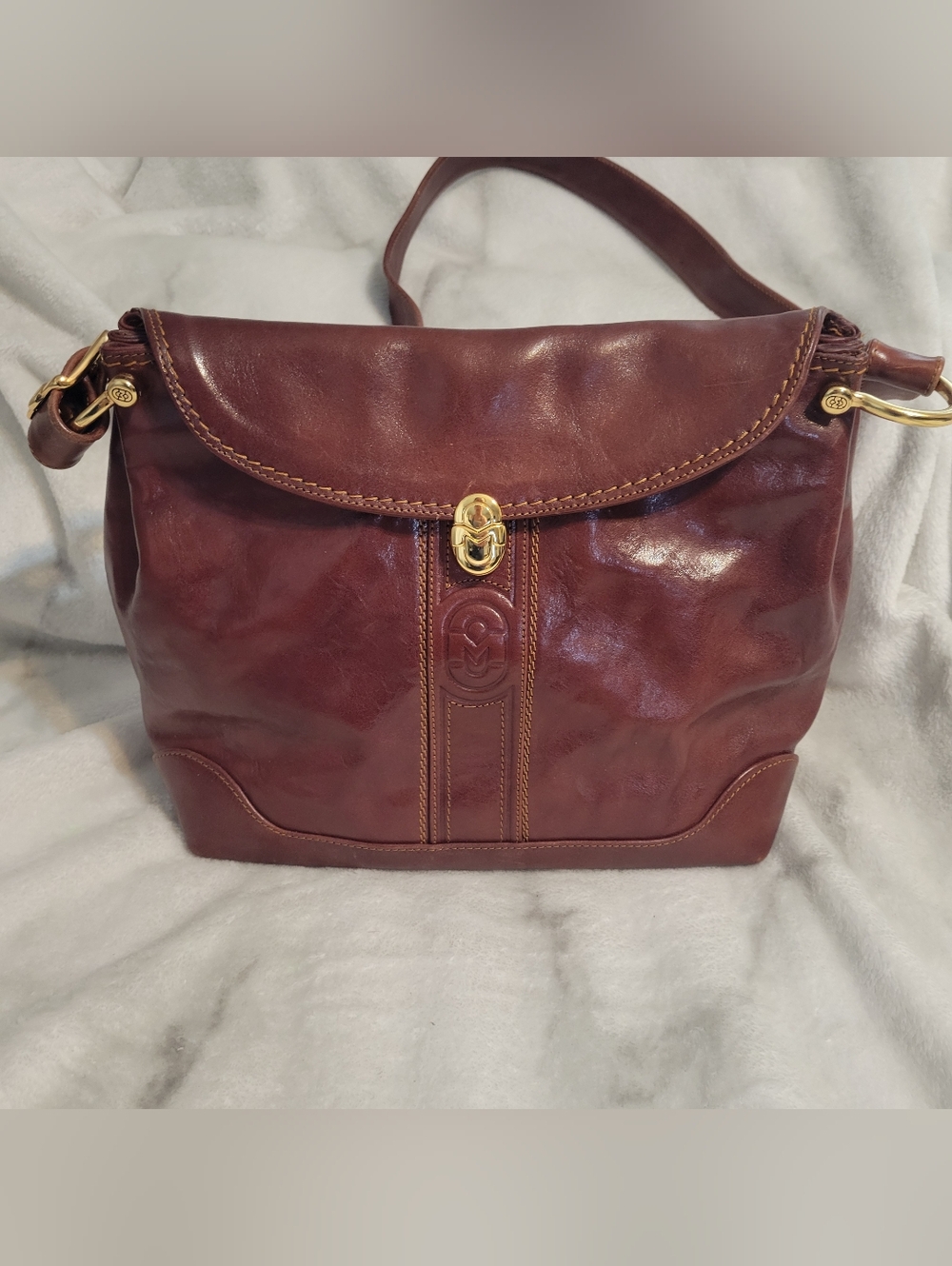 Marino Orlandi Burgundy Brown Leather Shoulder Bag with Gold Hardware